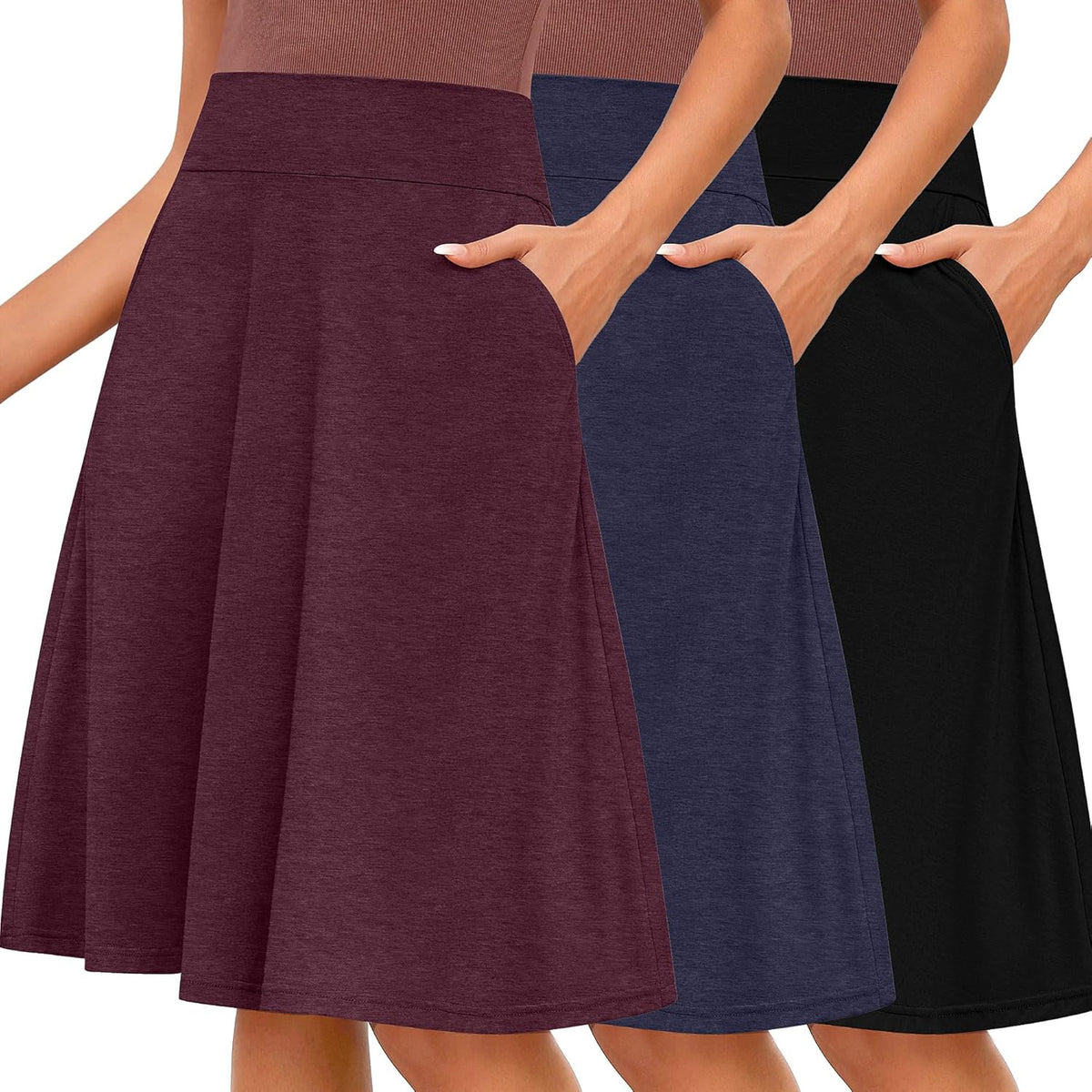 Riyiper 3 Pack Women's Midi Knee Length Skirts, Casual High Waist Flowy Flared a Line Summer Basic Pull-on Skirt with Pocket