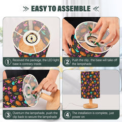 Cartoon Pumpkins Mushrooms Bedside Table Lamp Small Desk Lamps Linen Fabric Shade Decorative Nightstand Lamp LED with USB Port Wood Base for Bedroom Living Room