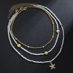 3PCS Star-shaped Scallop Pearl Necklace, Three Layer Adjustable Chain, Bohemian Coastal Layering Jewelry, Shell Charm Multi Strand Pendant Necklaces Set (White&Gold)