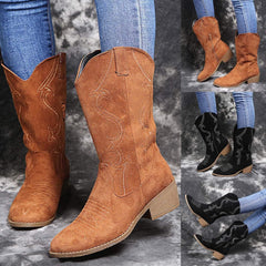 Cowboy Boots for Women Suede Wide Calf Western Cowgirl Booties with Classic Embroidered Slip on Square Toe Vintage Country Riding Boots Side Zipper Retro Chunky Low Heel Short Boot