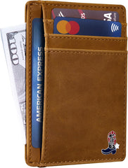 Slim Front Pocket Wallet, PU Leather, Khaki, Card Holder, RFID Blocking with Texas Souvenir Logo, Gift for Texans and their lovers (Texas Armadillo on Cardholder)