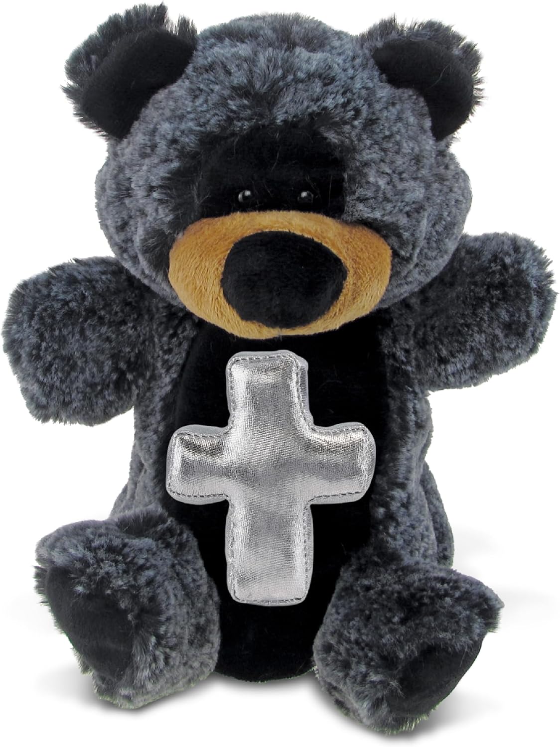 DolliBu Black Bear Hand Puppet Stuffed Animal with Silver Cross and Personalization - Baptism Gifts for Boys and Girls, Dedication Christening Gifts Plush Prayer Toy Healing Teddy Bear - 9 Inches