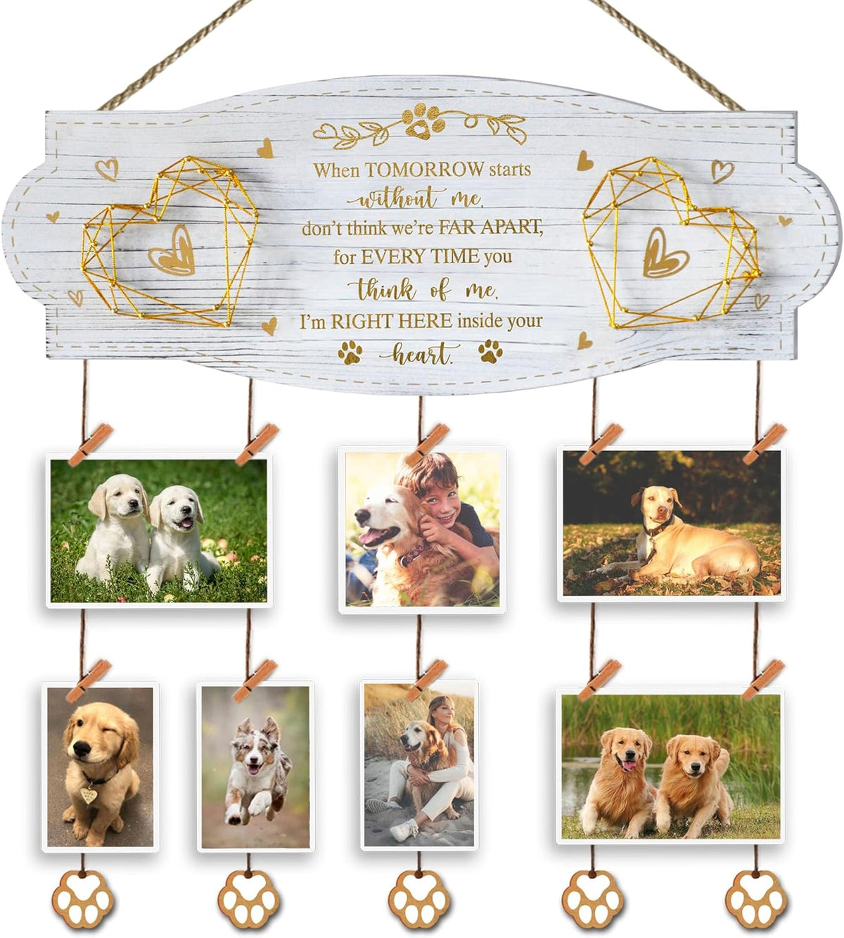 White Golden Memorial Picture Collage Board with Clips Twine and Paw Pendant - Bereavement Sympathy Grieving Gifts for Loss of Dog - House Wall decor for Dog Lover