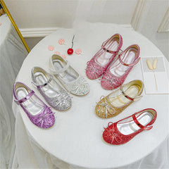 Girls Wedding Party Low Heel Flats Rhinestones Bow Ballet Glitter Mary Jane Shoes Shining Ankle Strap Flower Shoes