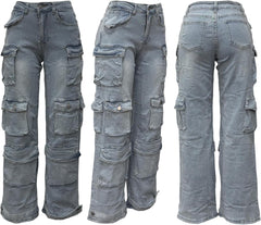 LKOUS Women's Y2K Baggy Straight Wide Leg Cargo Jeans, Streetwear High Waisted Denim Pant