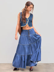 CIDER Women’s Long Jean Denim Tiered Button Down High Waisted Maxi Skirts
