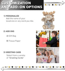 DolliBu Moose Hand Puppet Stuffed Animal with Silver Cross and Personalization - Religious Baptism Gifts for Boys and Girls, Dedication Christening Gifts Plush Prayer Toy Healing Teddy Bear - 10 Inch