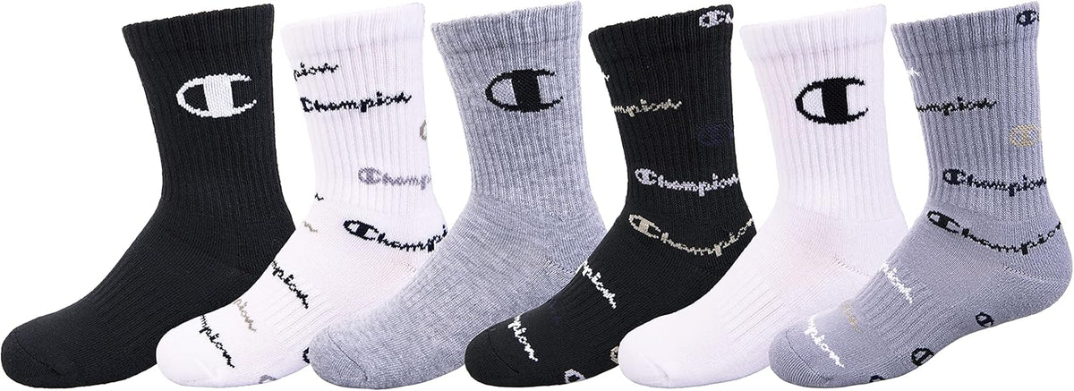 Champion Kids' 6-Pack Crew Socks with Color and Size Options