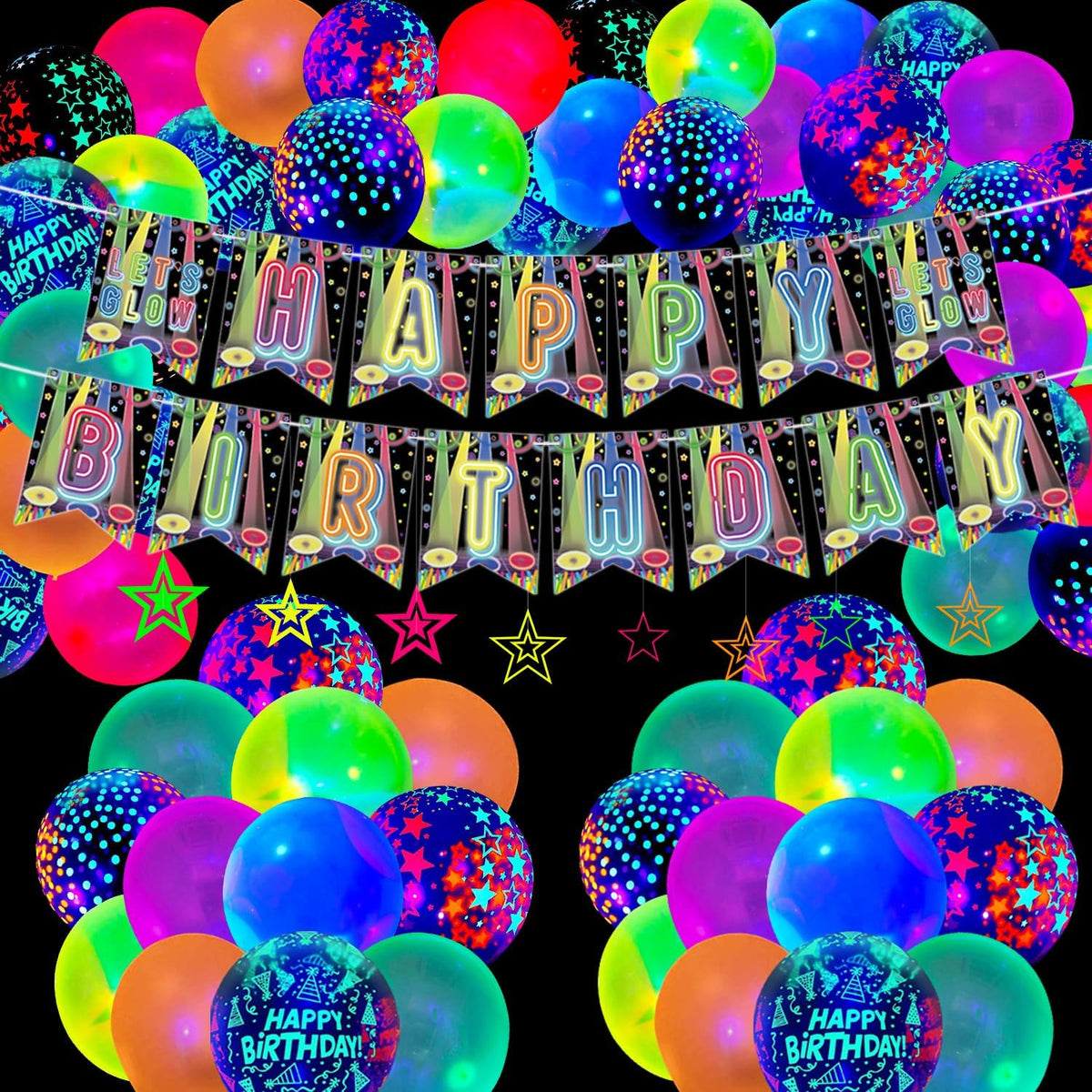 Glow in the Dark Birthday Party Decorations, Includes Happy Birthday Banner, Neon Balloons, Star Decorations Swirls, Glow Birthday Supplies for Kids