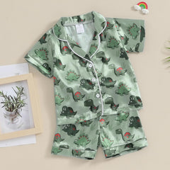 BULINGNA Kids Summer Satin Pajamas Sets Toddler Boys Dinosaur Pjs Short Sleeve Silk Nightwear Two Piece Sleepwear Loungewear