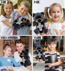 DolliBu Black Bear Hand Puppet Stuffed Animal with Silver Cross and Personalization - Baptism Gifts for Boys and Girls, Dedication Christening Gifts Plush Prayer Toy Healing Teddy Bear - 9 Inches