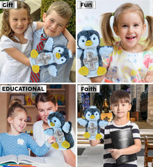 DolliBu Penguin Hand Puppet Stuffed Animal with Silver Cross and Personalization - Religious Baptism Gifts for Boys and Girls, Dedication Christening Gifts Plush Prayer Healing Teddy Bear - 8.5 Inches