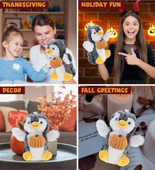 DolliBu Halloween Stuffed Animal Penguin Plush Hand Puppet with Pumpkin - Penguin Stuffed Animal Puppet with Small Pumpkin Plush Perfect Halloween Plush Toys with Name Personalization - 8.5 Inches