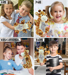DolliBu Giraffe Hand Puppet Stuffed Animal with Silver Cross and Personalization - Religious Baptism Gifts for Boys and Girls, Dedication Christening Gifts Plush Prayer Healing Teddy Bear - 10 Inches