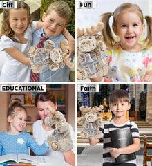 DolliBu Moose Hand Puppet Stuffed Animal with Silver Cross and Personalization - Religious Baptism Gifts for Boys and Girls, Dedication Christening Gifts Plush Prayer Toy Healing Teddy Bear - 10 Inch