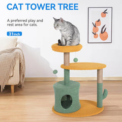 Cat Tree Tower 31 inch, 2 Plush Cat Condos, Cat Tree for Indoor Cats, Cat Scratching Post, Cat Post Scratcher with Perch, Small Cat Tower, Cat Furniture for Adult Cats, Grey