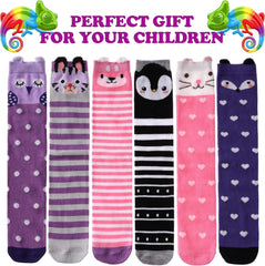 FNOVCO Girls Knee High Socks Kids Crazy Fun Gift Cute Animal Patterns Cotton Long Socks 6 Pairs
