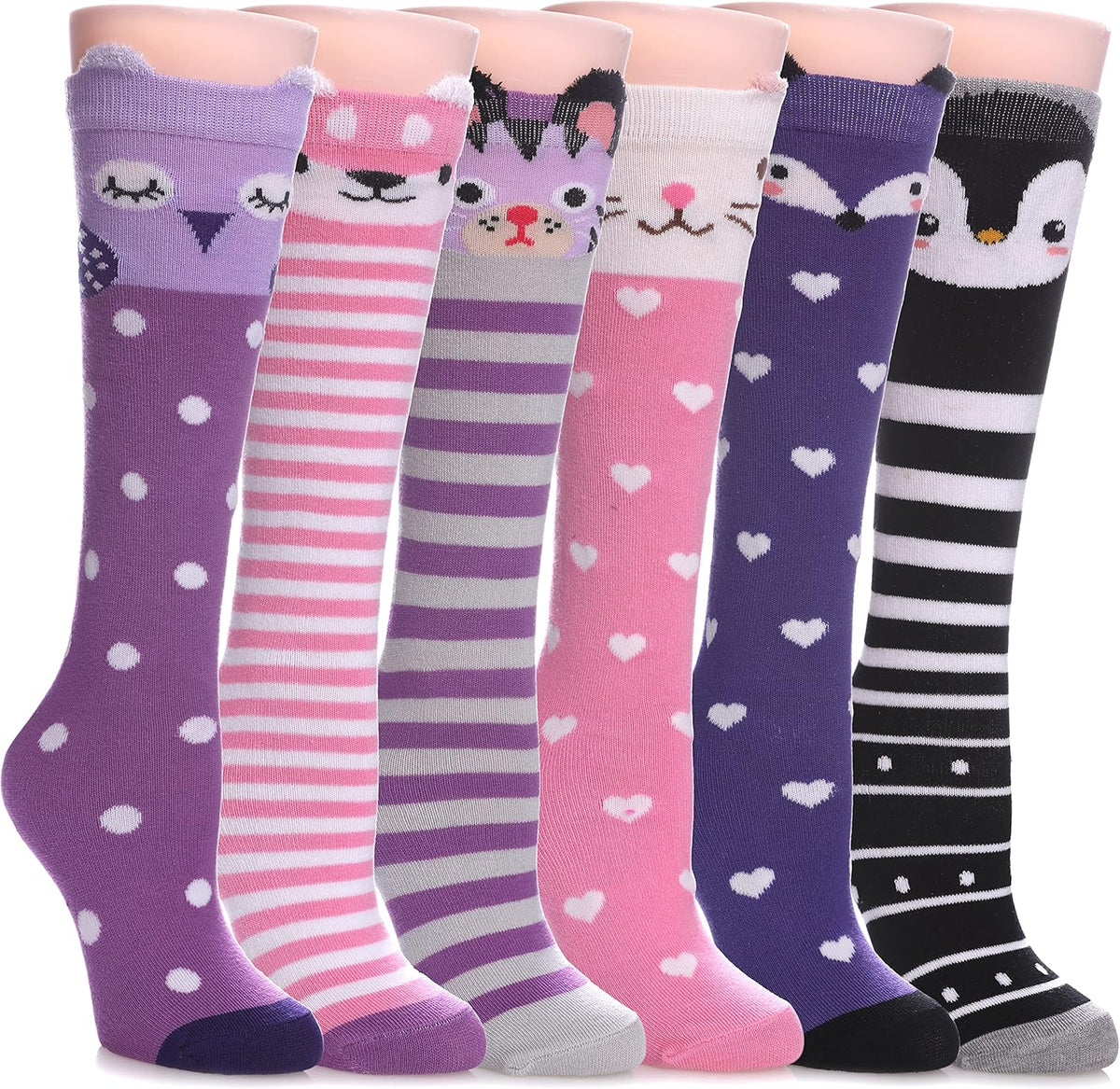 FNOVCO Girls Knee High Socks Kids Crazy Fun Gift Cute Animal Patterns Cotton Long Socks 6 Pairs